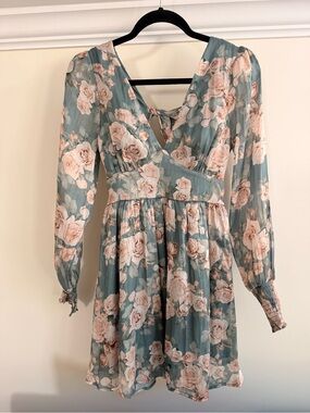Altar'd State Sage Green and Blush Floral Long Sleeve Mini Dress
